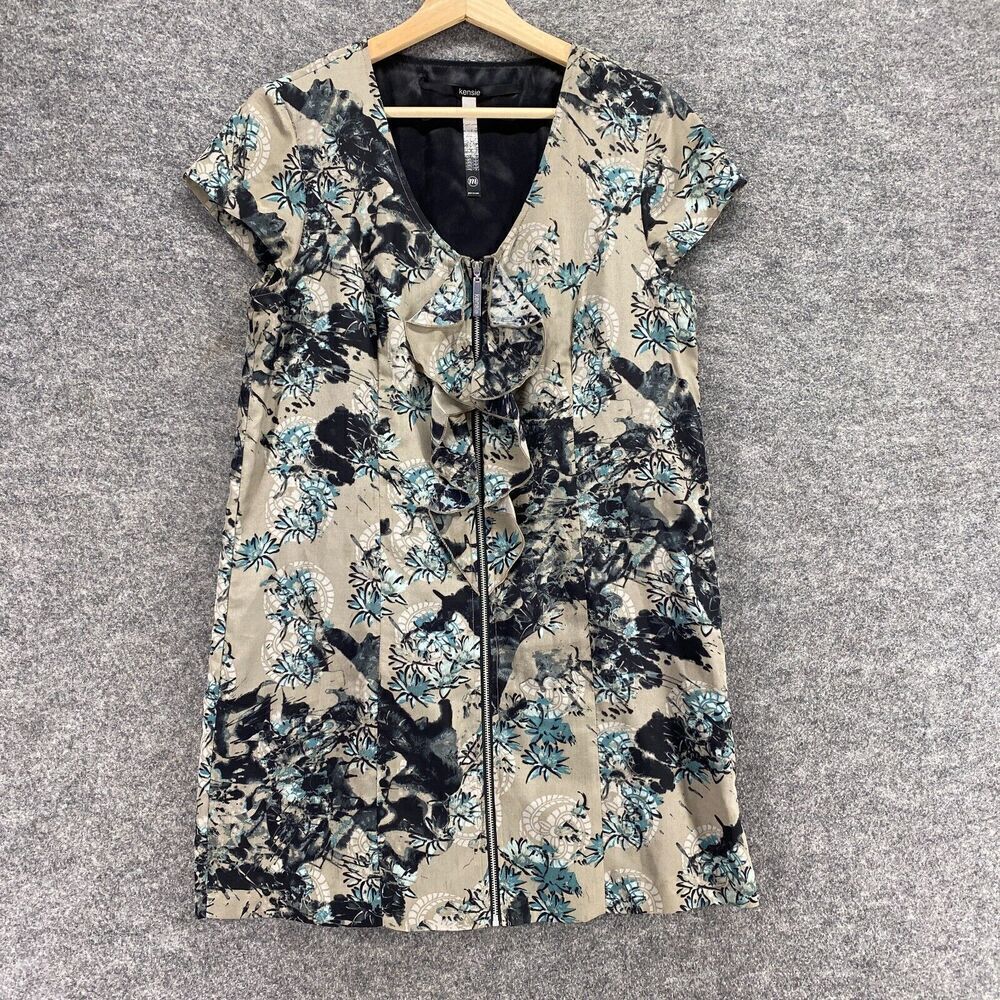 5/$45 Kensie Dress Women M Medium Beige Floral Shift Short V-Neck Full Zip